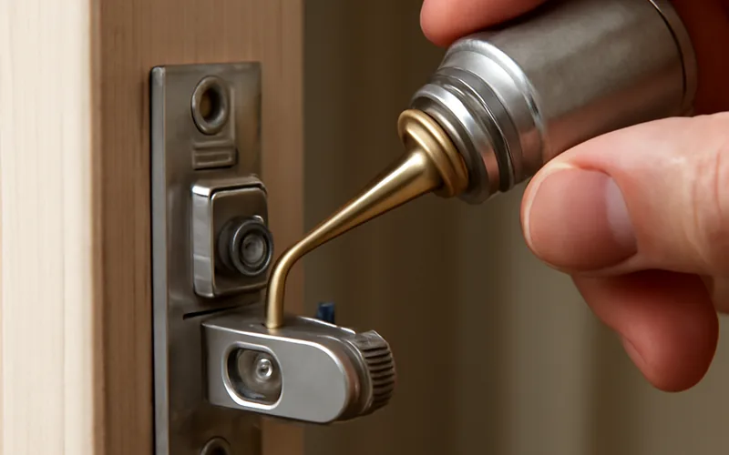 Applying oil from an oil can onto a door latch mechanism