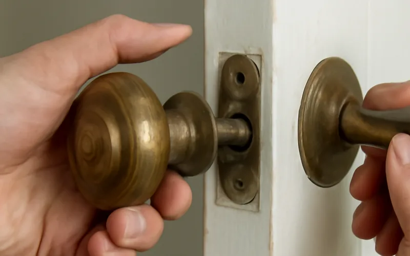 Removing an old brass door knob to expose the spindle and latch mechanism