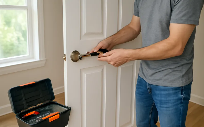 Homeowner using a screwdriver to remove an old interior doorknob during a lock replacement Homeowner using a screwdriver to remove an old interior doorknob during a lock replacement