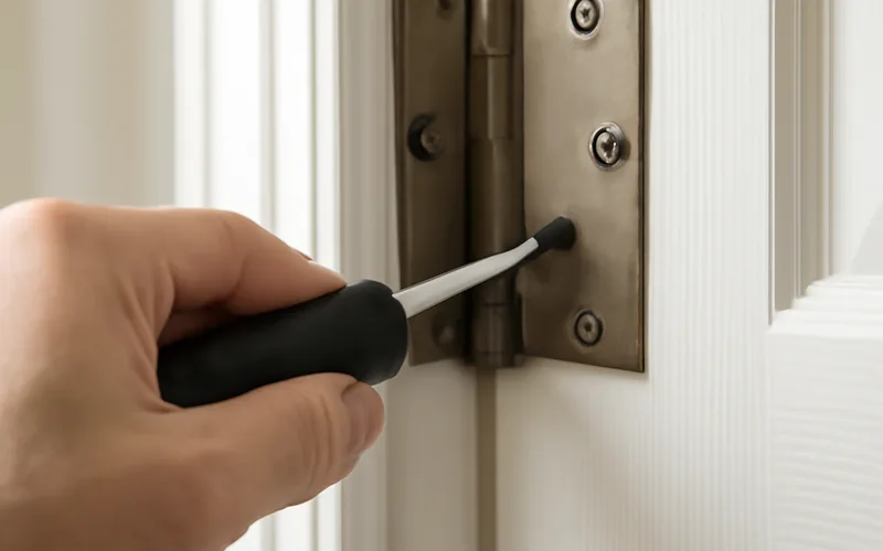 Screwdriver adjusting a door hinge on an interior door