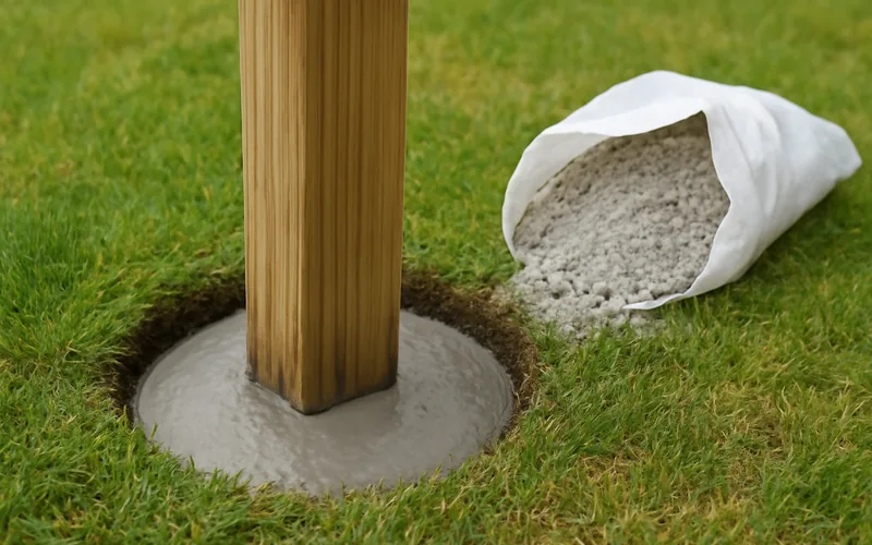 wooden fence post freshly set in wet concrete inside a round dug hole