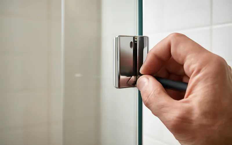hand using a screwdriver to adjust a chrome glass shower door hinge screw hand using a screwdriver to adjust a chrome glass shower door hinge screw