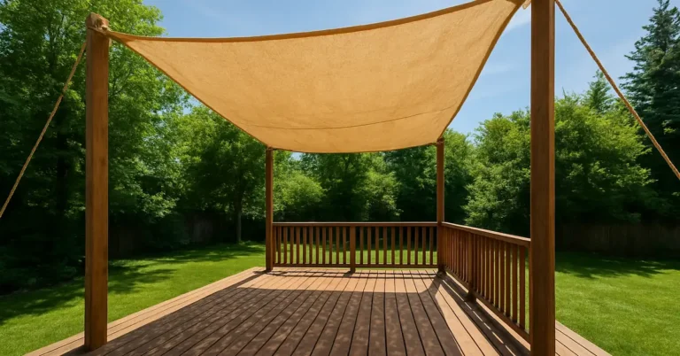 tan canvas shade tarp stretched over a backyard wood deck between four posts