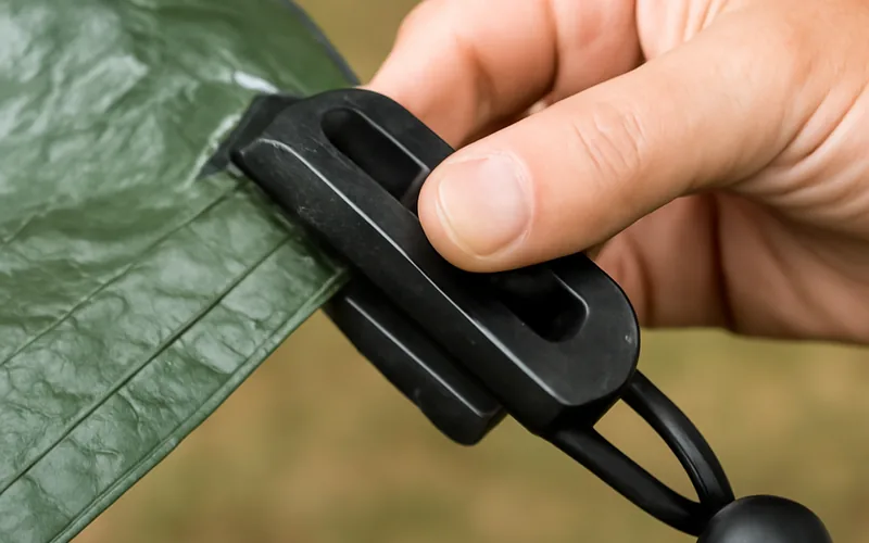 hand attaching a heavy duty tarp clip with bungee cord to a green tarp corner without a grommet hand attaching a heavy duty tarp clip with bungee cord to a green tarp corner without a grommet