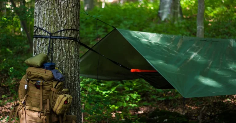 olive green tarp shelter rigged taut between two trees in a forest with a backpack leaning against the trunk