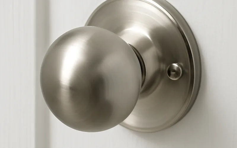 New brushed-nickel door knob mounted and secured on a white door