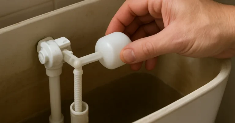 hand adjusting the ball float arm inside an open toilet tank