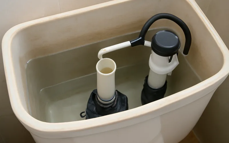 Toilet tank water level near the overflow tube open toilet tank showing water level near the overflow tube and float cup
