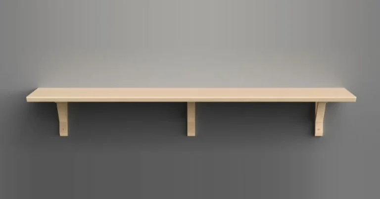 Wooden shelf with three support brackets mounted on wall studs