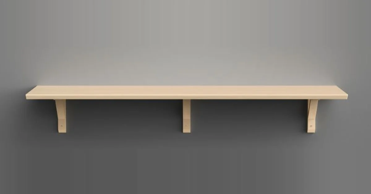 Wooden shelf with three support brackets mounted on wall studs