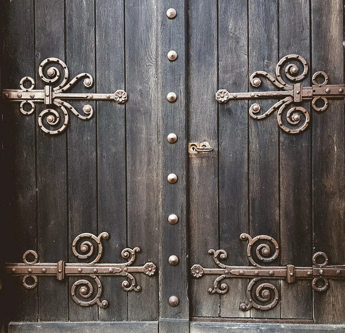Wooden door with hinge and metal fittings visible