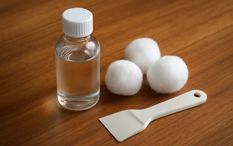 rubbing alcohol, cotton balls, and a plastic scraper laid out on a wood table rubbing alcohol, cotton balls, and a plastic scraper laid out on a wood table
