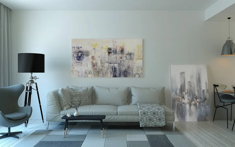 Modern living room with a black drum lamp shade on a tripod floor lamp
