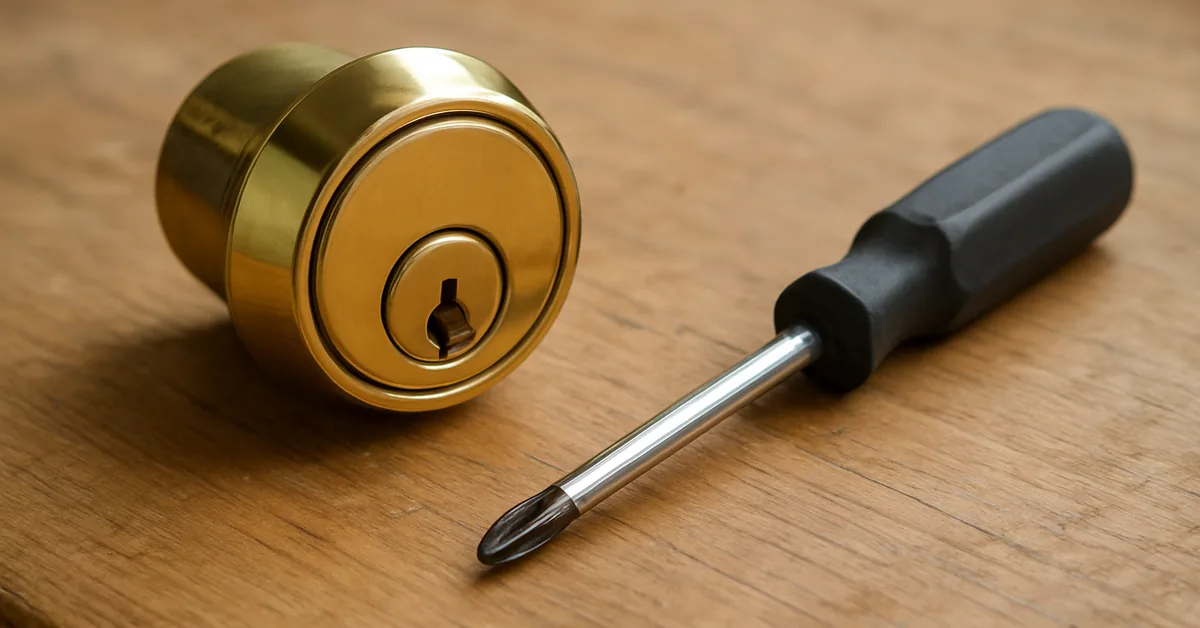 brass deadbolt lock cylinder and Phillips screwdriver on a wooden workbench