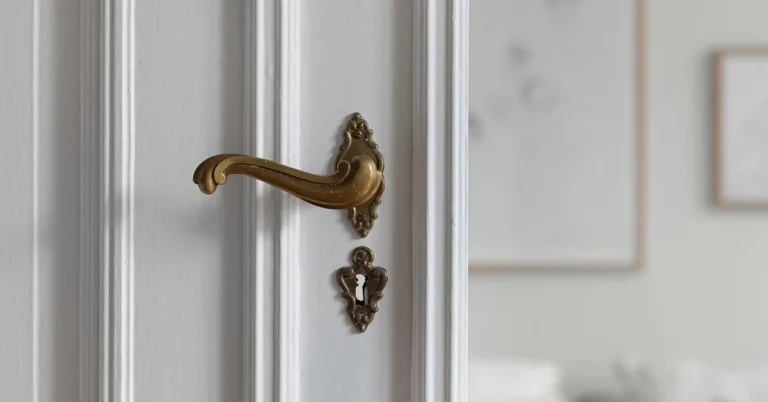 Ornate brass lever door handle with keyhole escutcheon on a white interior door