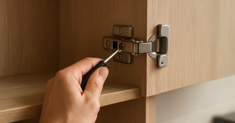 hand adjusting a concealed cabinet door hinge with a screwdriver