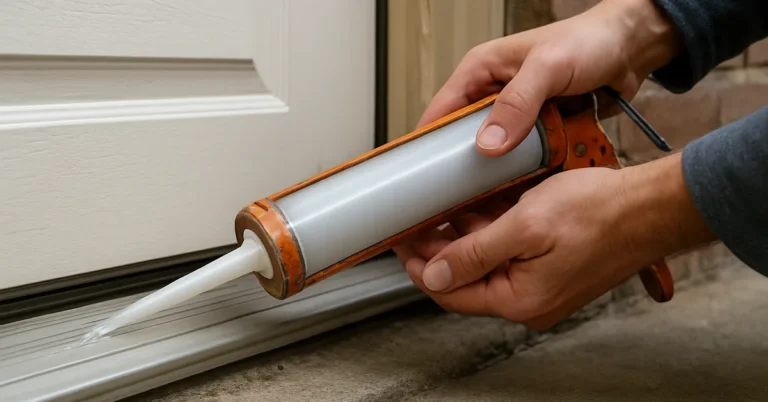 hands applying silicone caulk along an exterior door threshold gap with a caulking gun