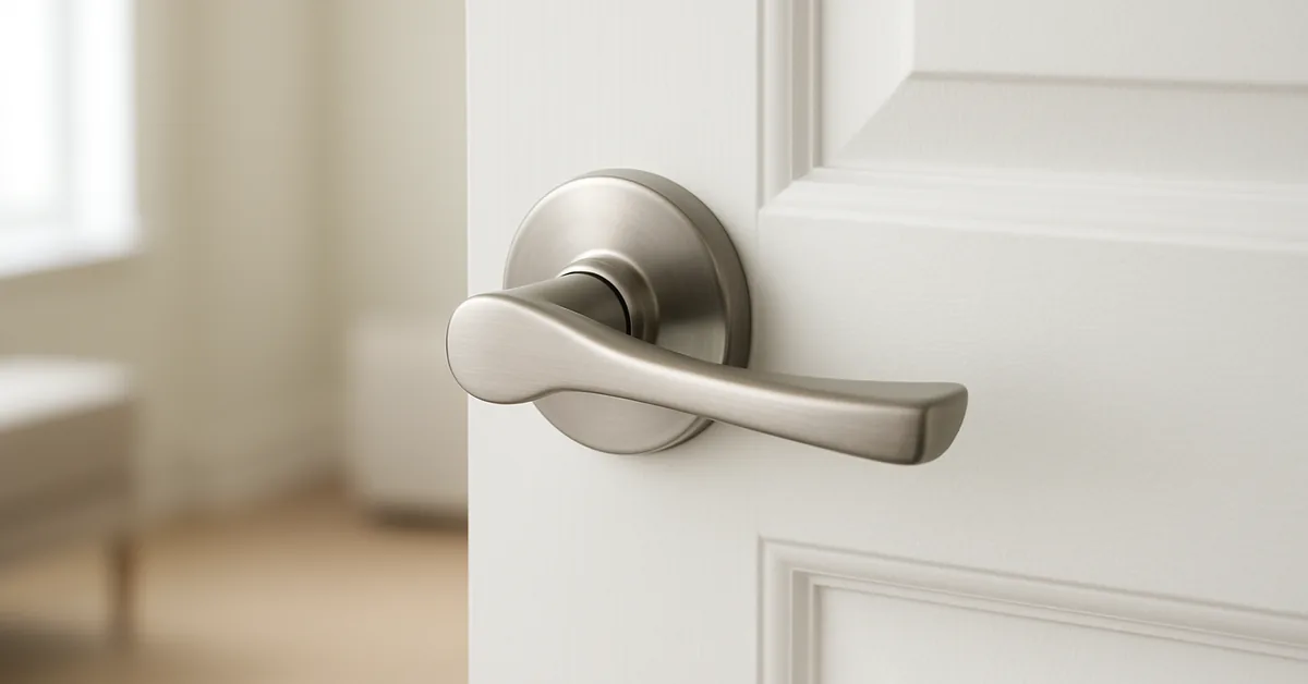 Brushed nickel lever door handle installed on a white interior door