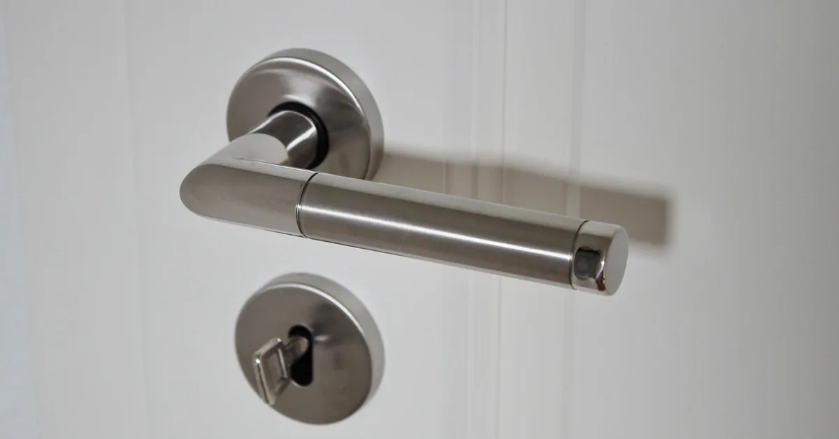 brushed nickel door lever handle mounted on a white interior door