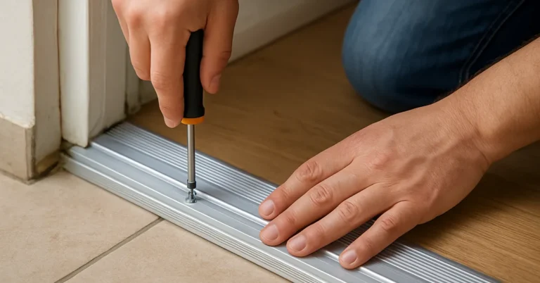 person installing an aluminum door threshold strip in a doorway with a screwdriver