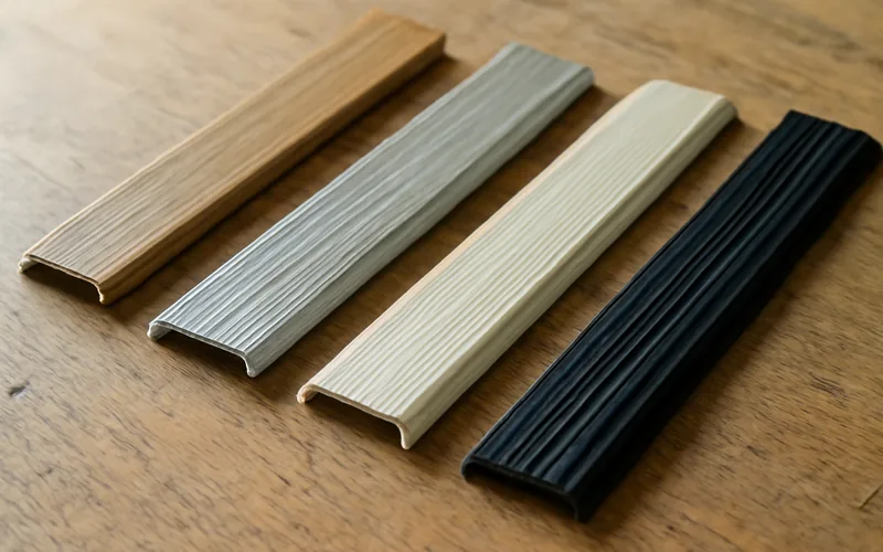 four door threshold material samples compared side by side: wood, aluminum, vinyl, and rubber