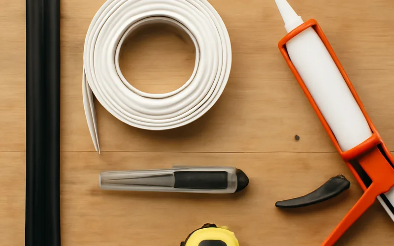 door sweep, weatherstripping roll, caulk gun, utility knife, and tape measure laid out for sealing a door threshold door sweep, weatherstripping roll, caulk gun, utility knife, and tape measure laid out for sealing a door threshold