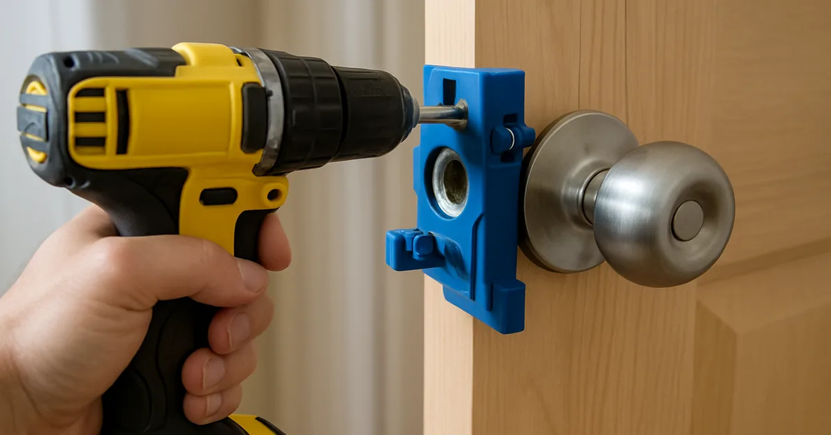 Using a door knob installation jig to drill a hole in a wooden door