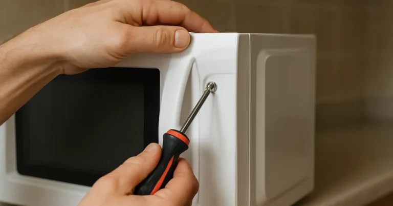 Hand using a screwdriver to remove a screw near a microwave door handle