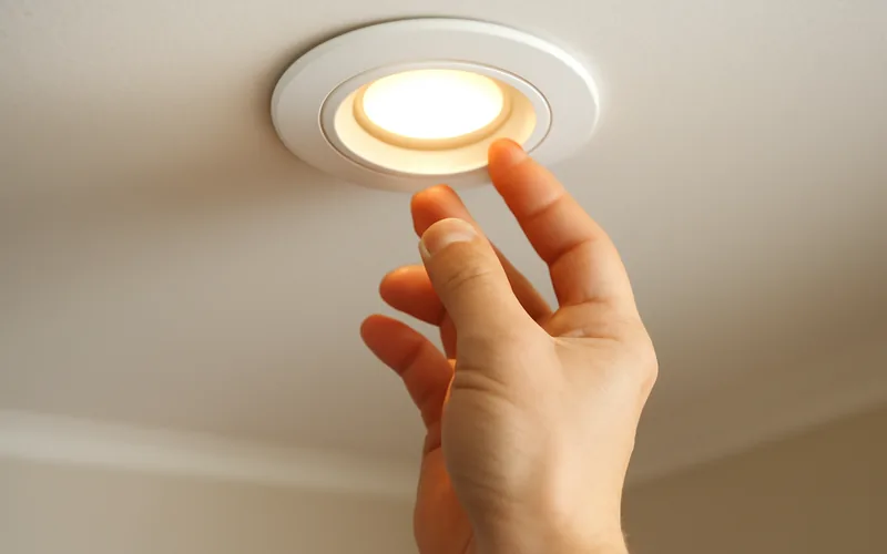 Hand reaching up to change a bulb in a recessed ceiling light