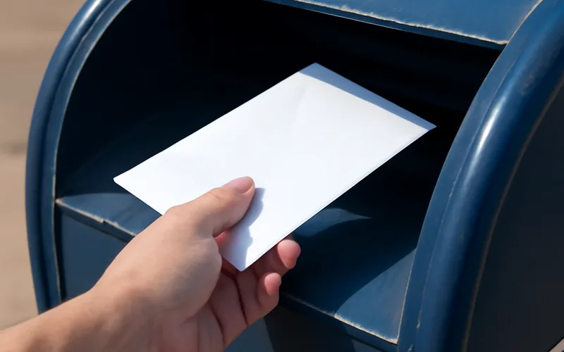 hand placing an envelope into a blue USPS mail collection box hand placing an envelope into a blue USPS mail collection box