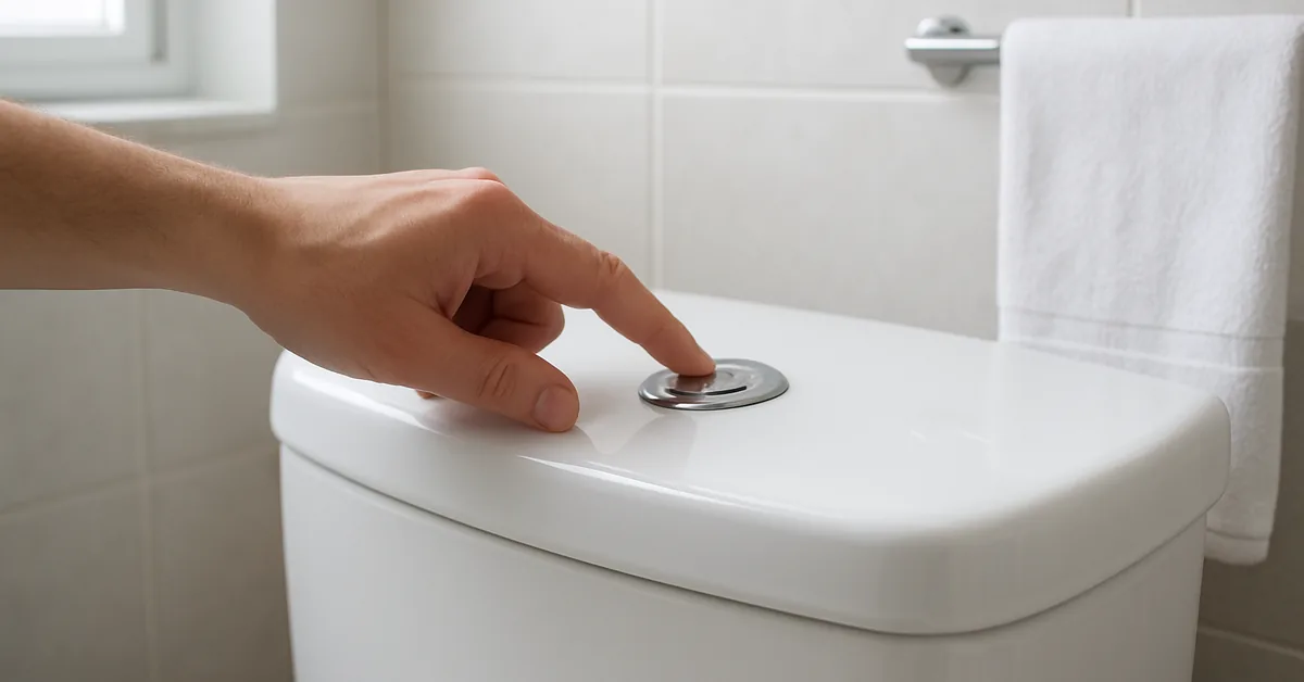 hand pressing the flush button on a modern toilet tank