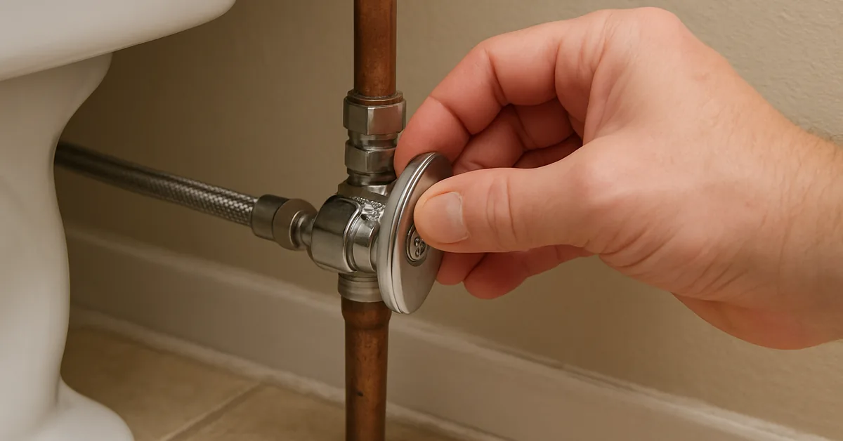 hand turning the chrome angle stop valve on the copper supply line behind a toilet