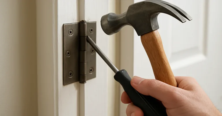 hand tapping a door hinge pin with a hammer and flathead screwdriver