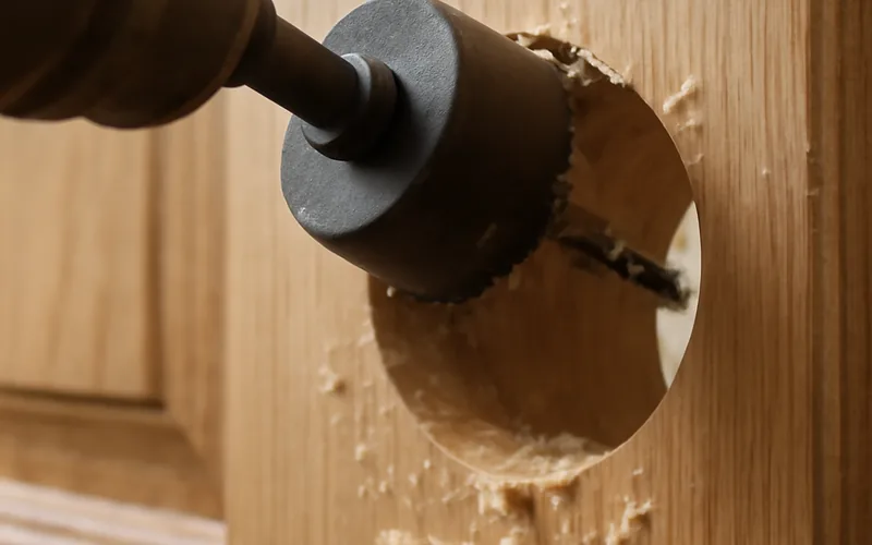 Hole saw drilling through a wooden door for door knob installation Hole saw drilling through a wooden door for door knob installation