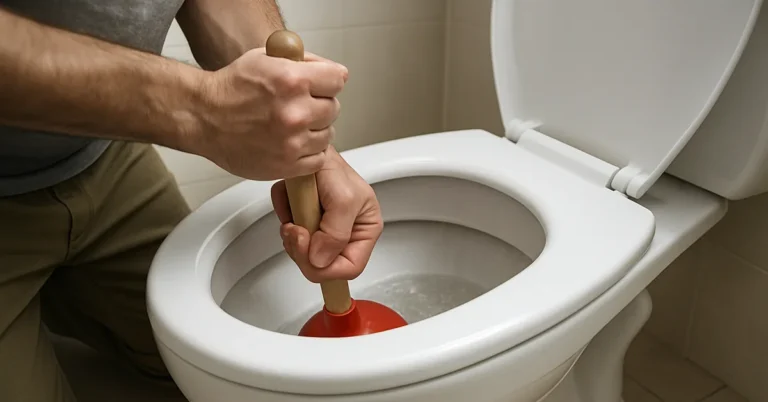 person using a red flange plunger to unclog a white toilet bowl