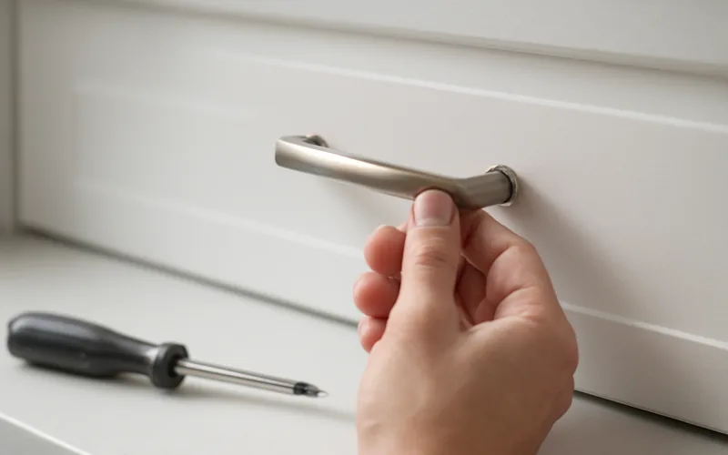 hand installing a brushed nickel drawer pull on a white kitchen cabinet