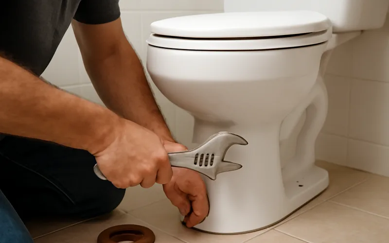 hands using a wrench to install a new toilet bowl onto a floor flange with a wax ring nearby hands using a wrench to install a new toilet bowl onto a floor flange with a wax ring nearby