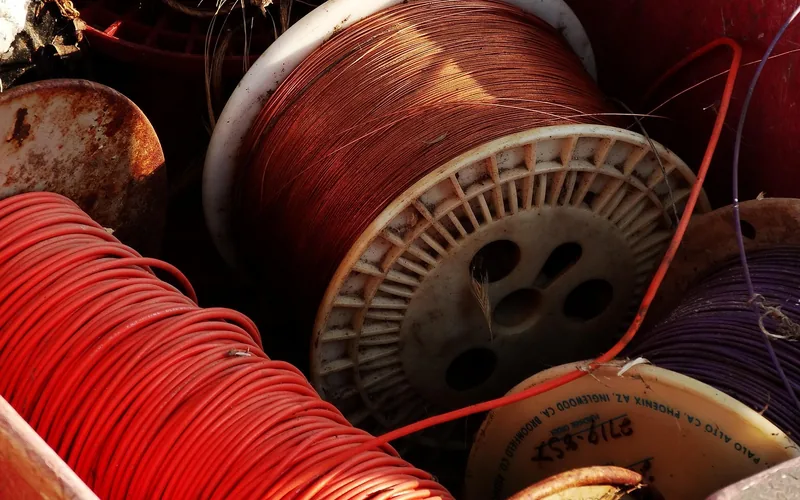 spools of color-coded insulated copper wire in different gauges used for low-voltage LED wiring