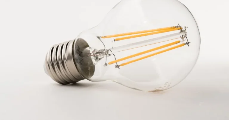 close-up of a clear LED filament light bulb ready for recycling drop-off
