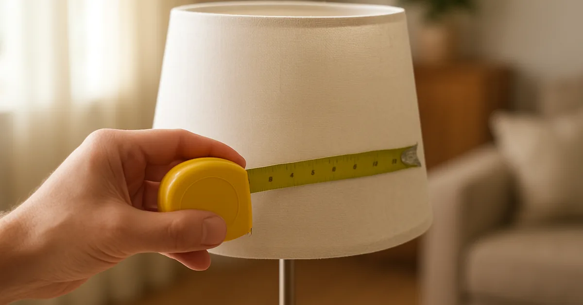 hand holding a tape measure against a white fabric drum lamp shade to check its diameter
