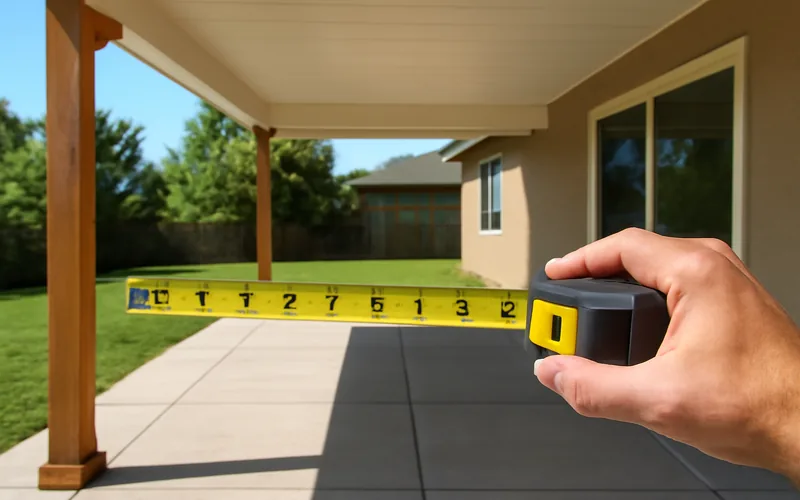 Measuring a covered patio space with a tape measure to size a ceiling fan Measuring a covered patio space with a tape measure to size a ceiling fan