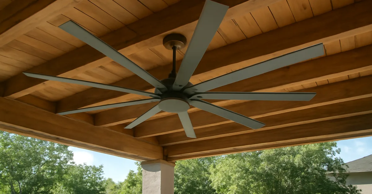 Large outdoor ceiling fan mounted on a covered patio with wood beam ceiling Large outdoor ceiling fan mounted on a covered patio with wood beam ceiling
