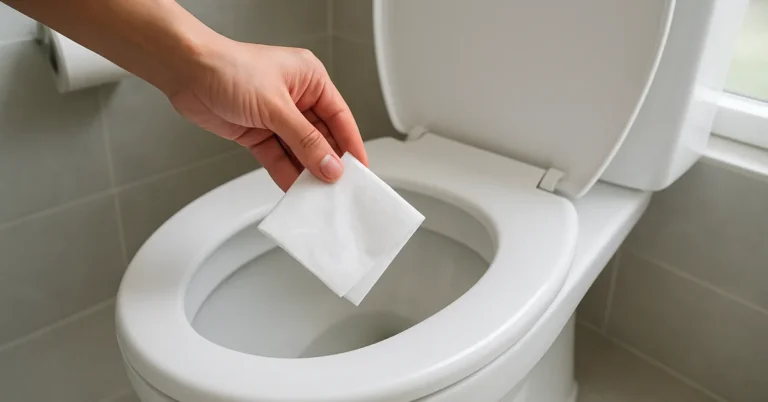 hand dropping a folded paper towel into an open toilet bowl