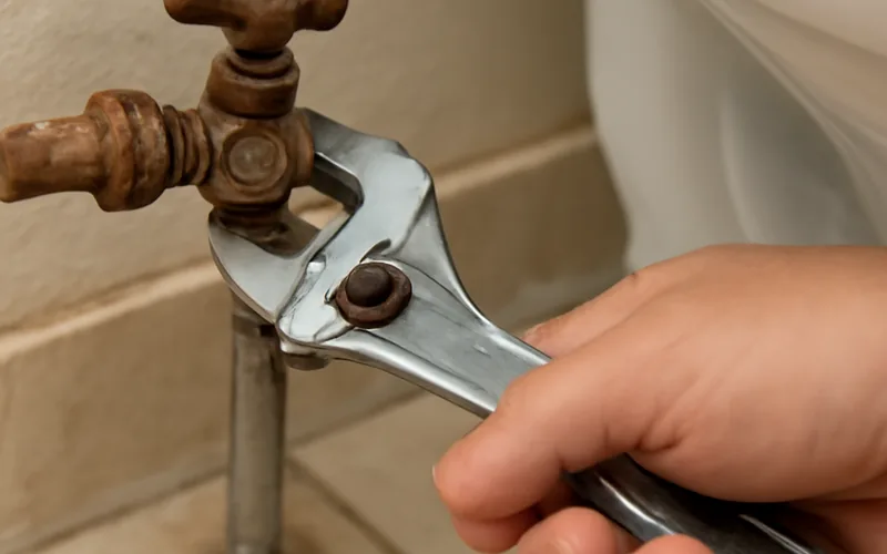 pliers loosening a corroded angle stop valve behind a toilet