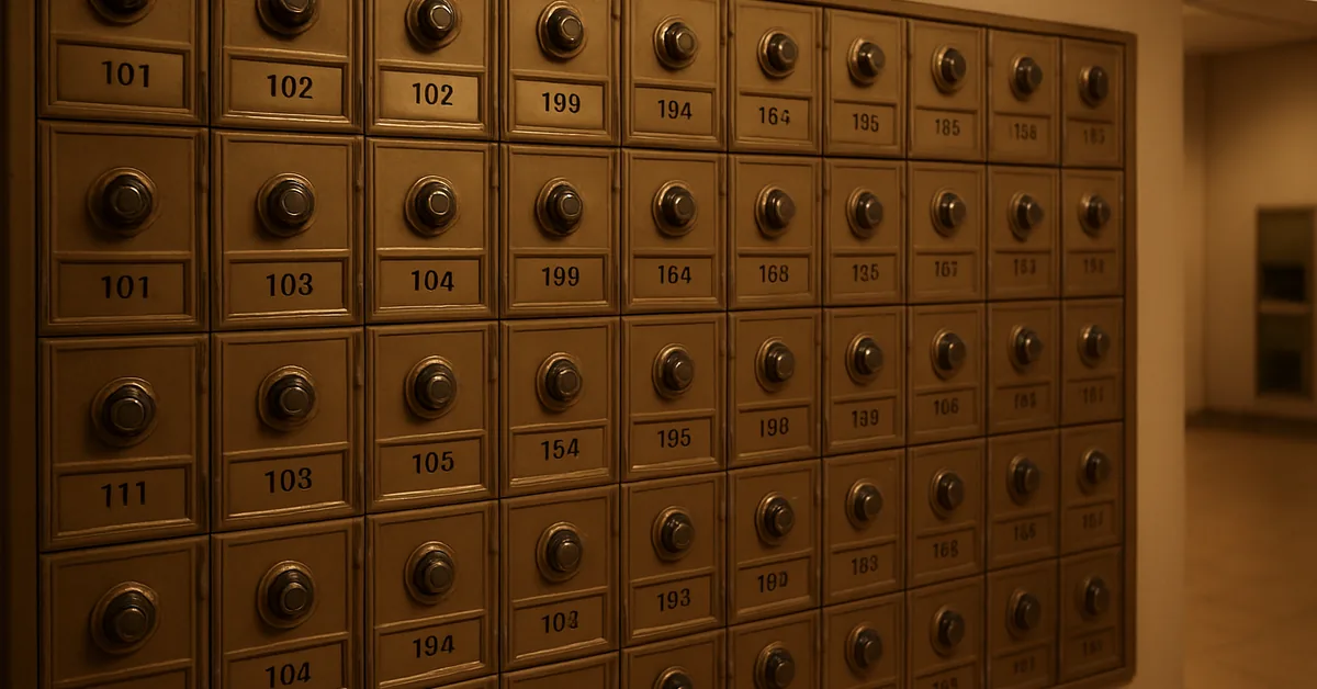 wall of numbered PO boxes with combination locks inside a post office lobby