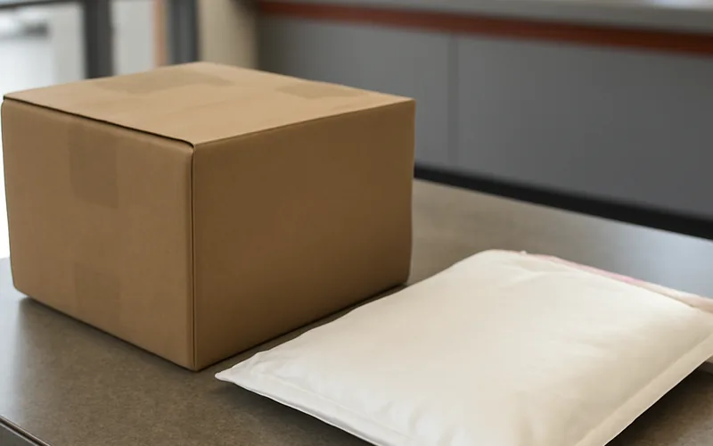 small shipping box and padded envelope on a post office counter small shipping box and padded envelope on a post office counter