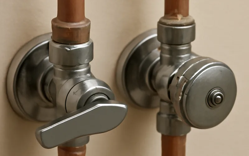 quarter-turn lever valve next to a multi-turn compression valve on toilet supply pipes