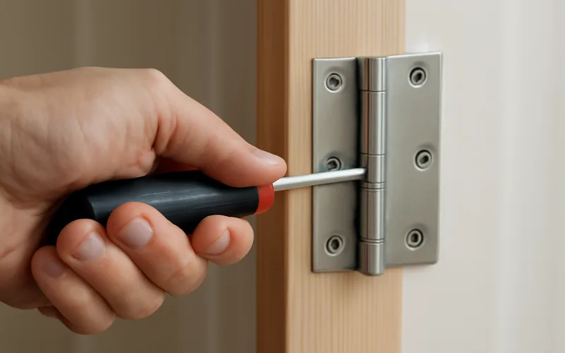 screwdriver driving a screw into a door hinge during reattachment
