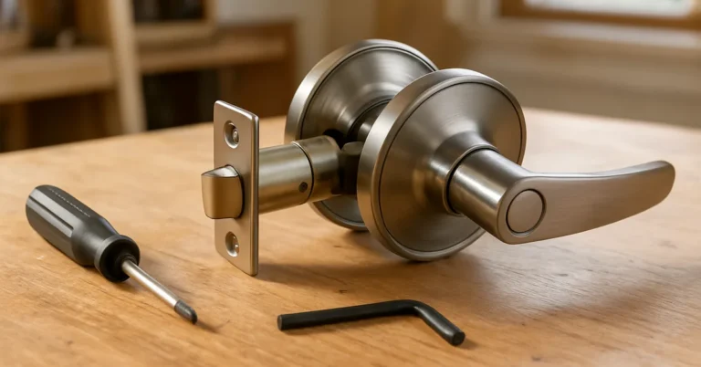 Disassembled lever door handle with latch plate, screwdriver, and Allen wrench on a workbench