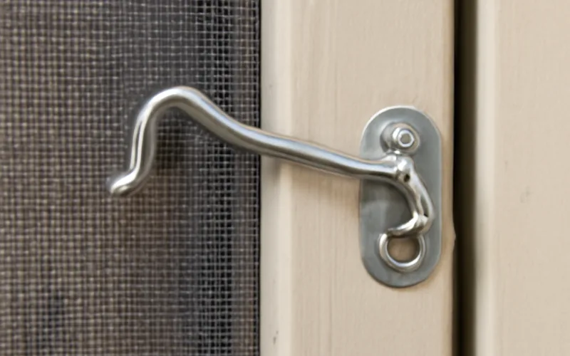 Hook-and-eye latch mounted on a screen door and frame Hook-and-eye latch mounted on a screen door and frame